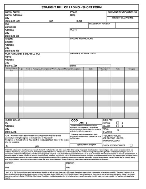 Bill Of Lading Printable