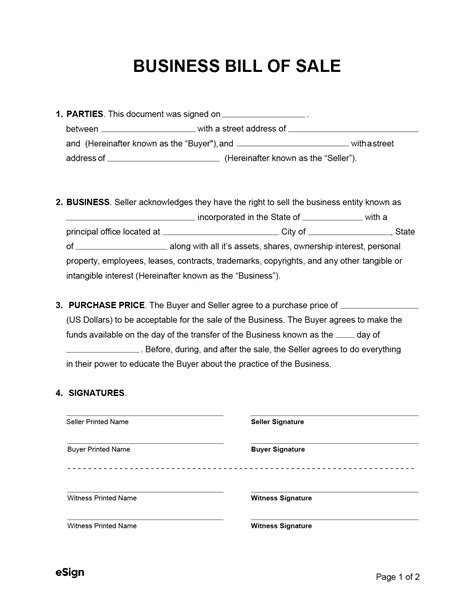 Bill Of Sale For Business Template