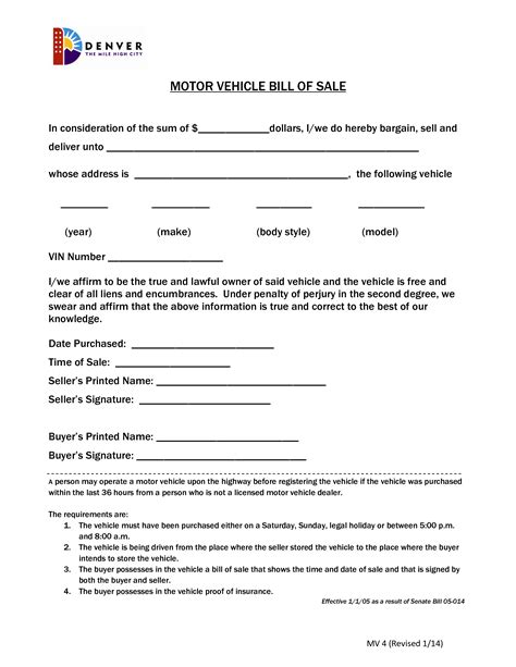 Bill Of Sale For Motor Vehicle Template