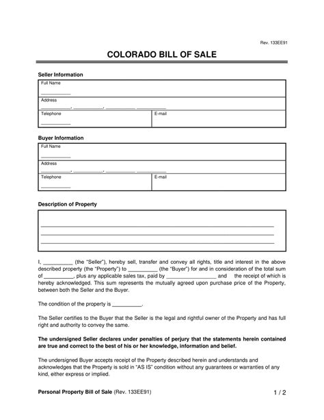 Summit County, Colorado Vehicle Bill of Sale Download Printable PDF