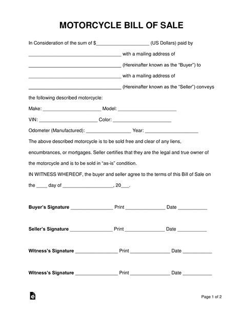 Bill Of Sale Template For Motorcycle