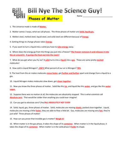 Bill Nye The Science Guy Phases Of Matter Worksheet Answers