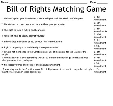 Bill Of Rights Matching Worksheet