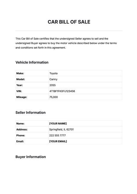 Bill Of Sale For Auto Template
