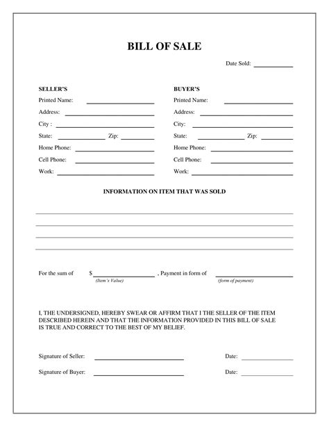 Bill Of Sale Printable Form Free