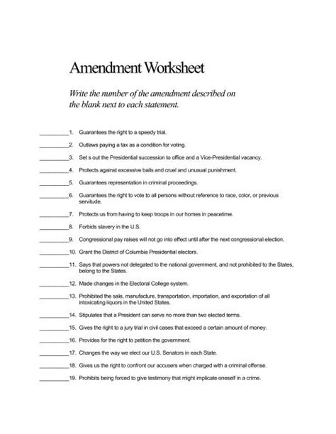 Bill of Rights Amendment Identification Worksheet with Answer Key