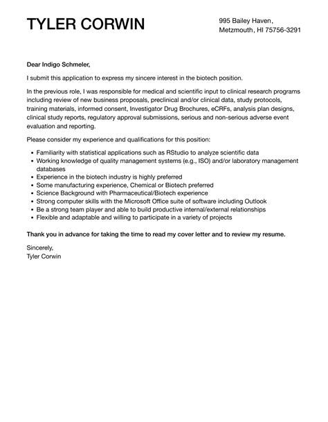 Biotech Cover Letter