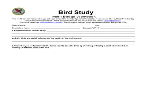 Bird Study Merit Badge Worksheet