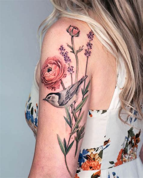 Bird On Flower Tattoo