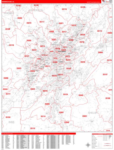 Birmingham Alabama Zip Code Wall Map (Red Line Style) by MarketMAPS