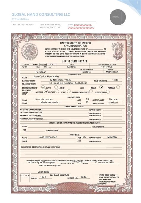 Birth Certificate Translation Template Mexico