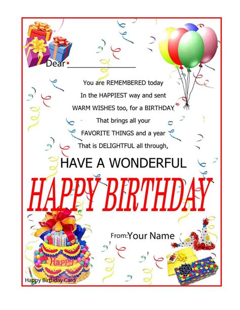 Birthday Card Word Template