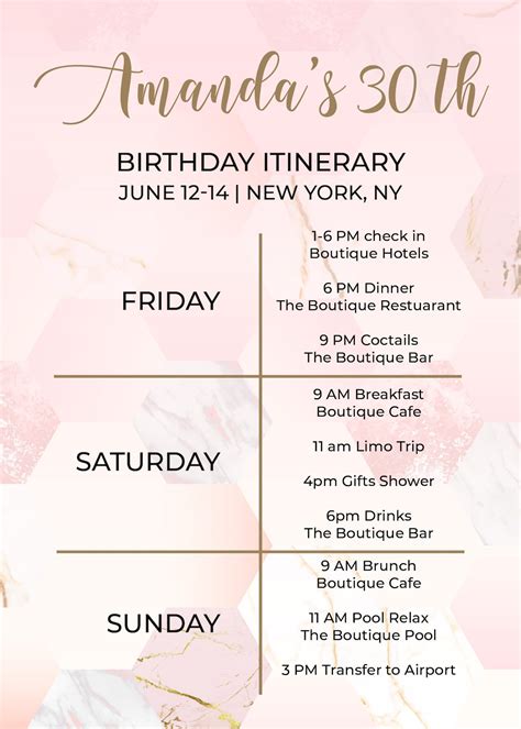 Birthday Itinerary Template