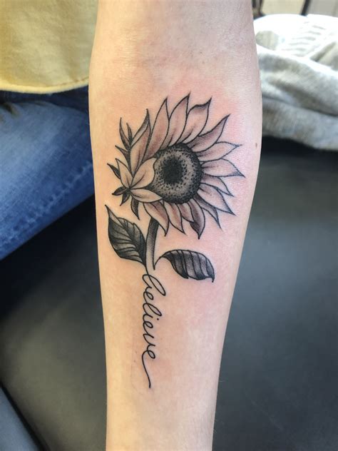 Back of Shoulder Black and White Floral Sunflower Tattoo