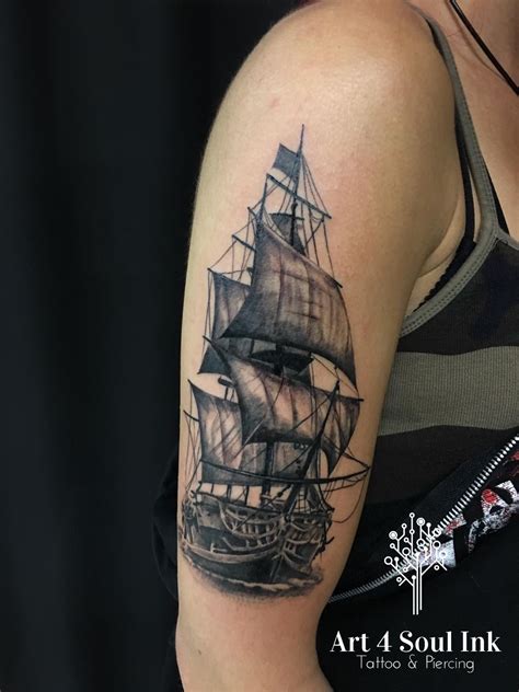 Black Pearl Pirate tattoo, Ship tattoo, Sleeve tattoos