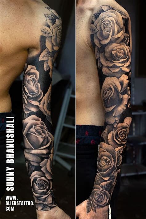 Black And White Rose Flowers Half Sleeve Tattoo Sleeve