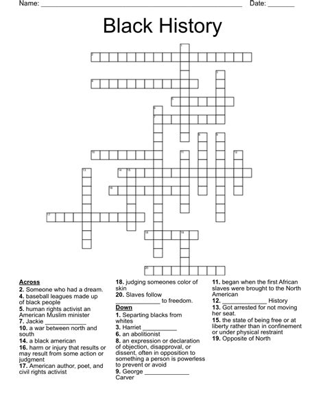 Black History Month Crossword Puzzles Printable