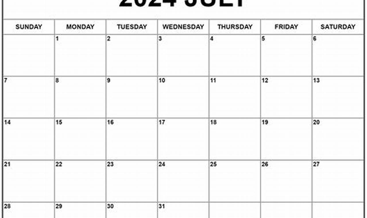 Blank Calendar July 2024 Free Printable