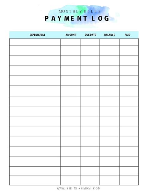 Blank Free Printable Monthly Bill Payment Log