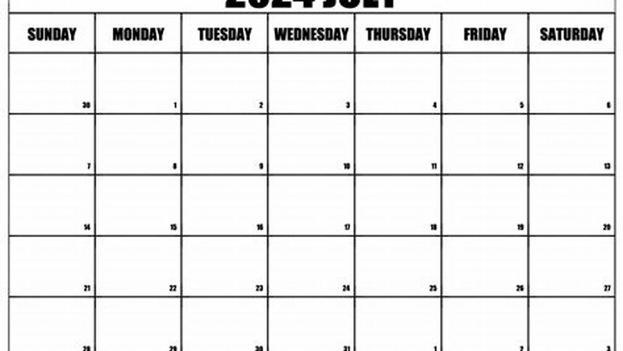 Blank July 2024 Calendar Printable Free Excel Download