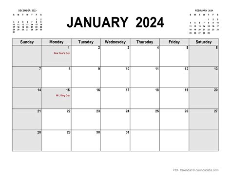 Blank Calendar January 2024 PDF Image