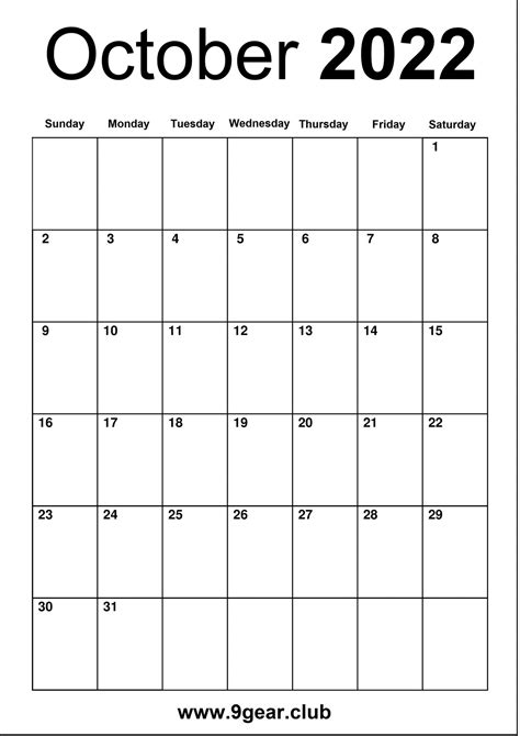 Blank October 2022 Calendar Printable