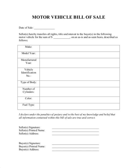 Blank Printable Bill Of Sale For Car