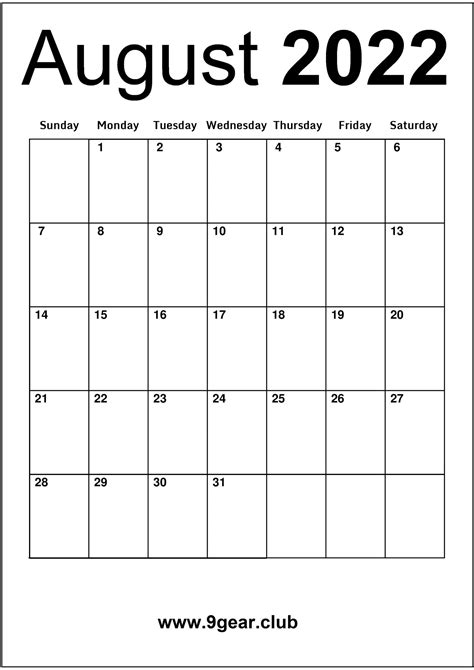 Blank Printable Calendar August 2022