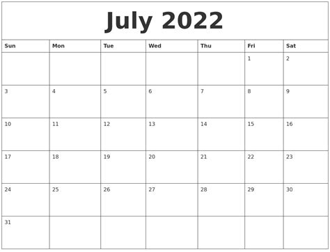 Blank Printable Calendar July 2022