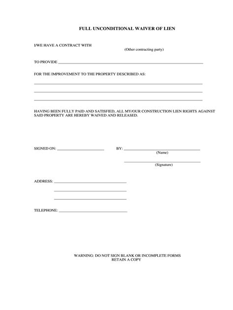 Blank Printable Lien Waiver Form
