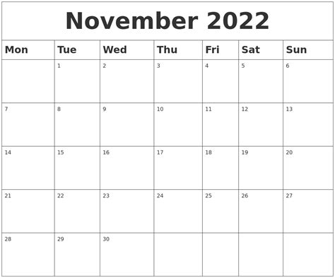 Blank Printable November 2022 Calendar