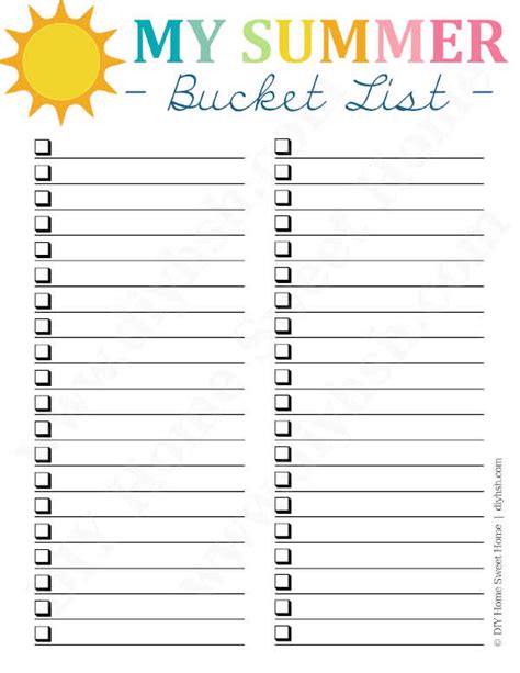 Blank Summer Bucket List Printable