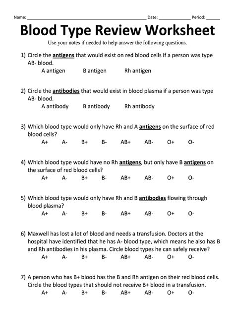 Blood Type Worksheet Answer Key