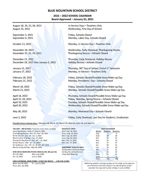 Blue Mountain Academy Calendar