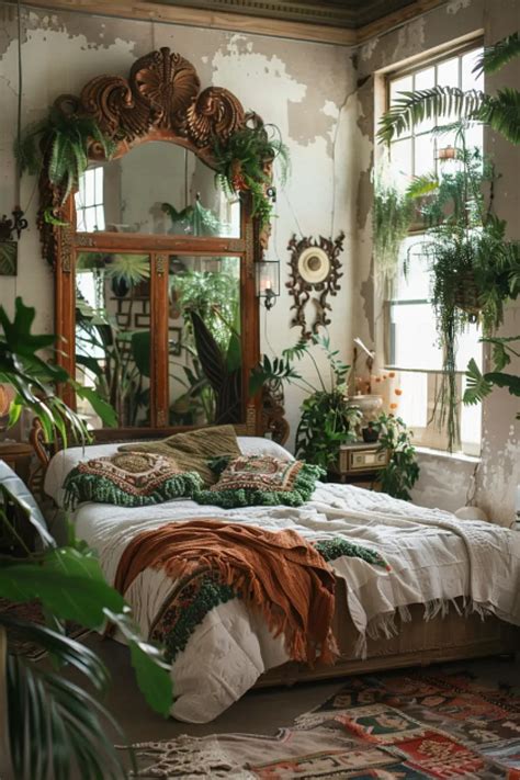 Boho bedroom with mirrors