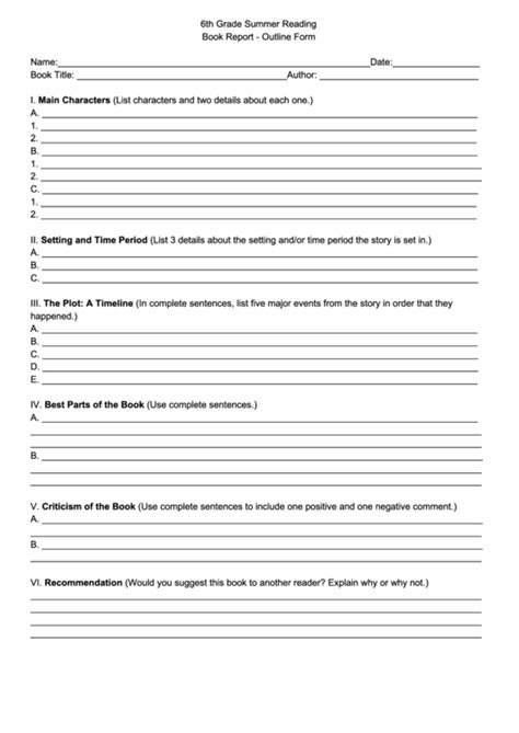 Book Report Template For 6th Graders