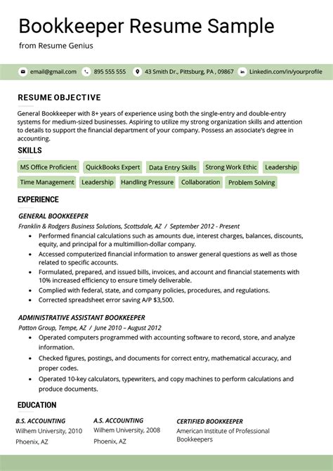 Bookkeeper Sample Resume
