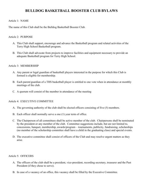 Booster Club Bylaws Template