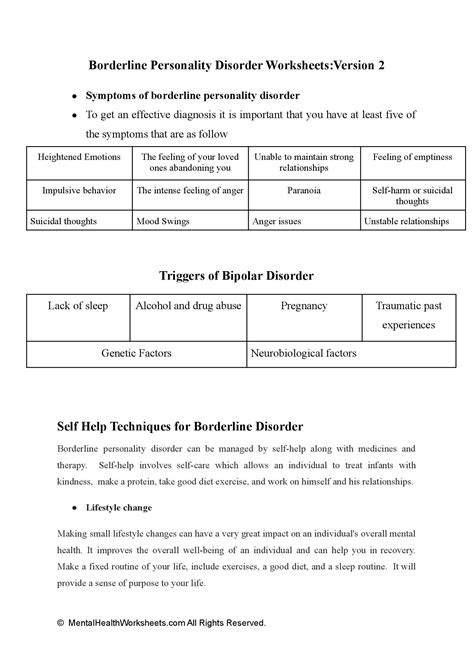 Borderline Personality Disorder Worksheets