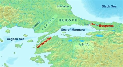 Location of the Bosporus (red) relative to the Dardanelles (yellow) and