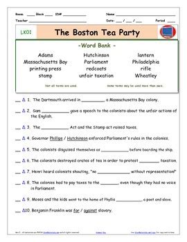 Boston Tea Party Quiz -Liberty Kids worksheet
