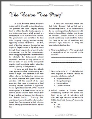Boston Tea Party Reading with Questions | Student Handouts