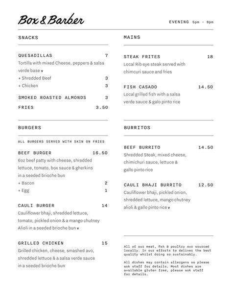 Box And Barber Menu