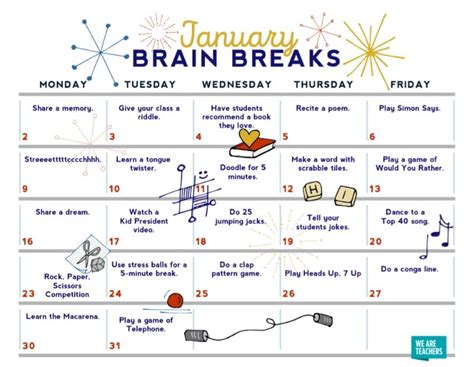Brain Breaks Printable Calendar