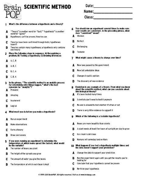 Brainpop Scientific Method Worksheet Answer Key