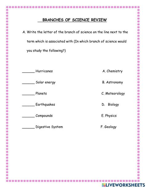 Branches Of Science Worksheet