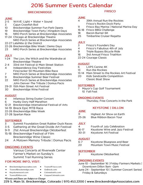 Breckenridge Events Calendar