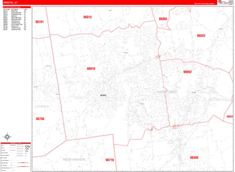Bristol County, MA Zip Code Wall Map Red Line Style by MarketMAPS