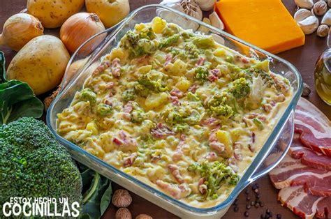 Receta de brócoli con bechamel de queso, patatas y bacon
