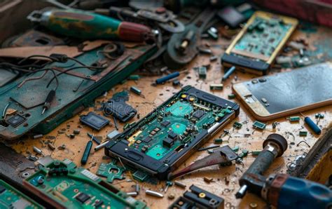 Broken electronics on a table